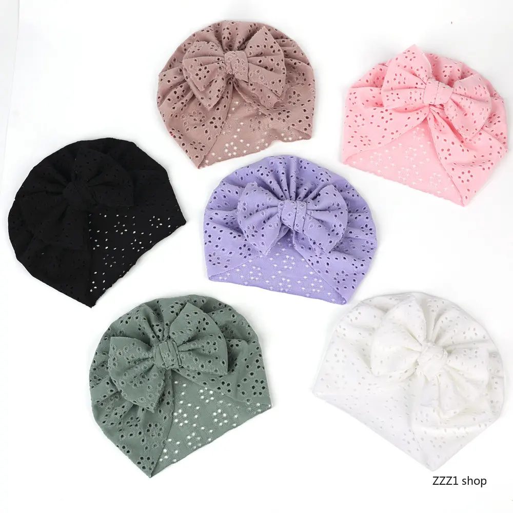 Eyelet Knit Turban Bow Baby Head Wrap for Girls, Soft Breathable Fabric for Summer Photography, Fits Newborns & Infants 0-3 Years