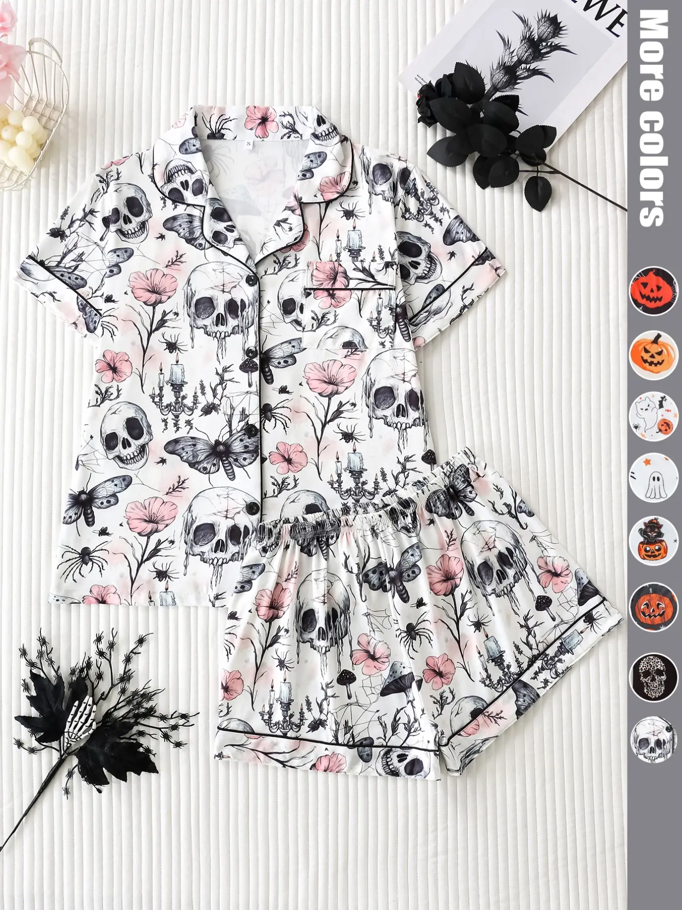 Women's Skull Floral All-Over Print Pajama Set, Casual Fitted Sleepwear, Fitted Sporty Style, Short Sleeve Button-Up Top & Loose Comfortable Shorts, Dark Theme Gothic Sleepwear, Loungewear