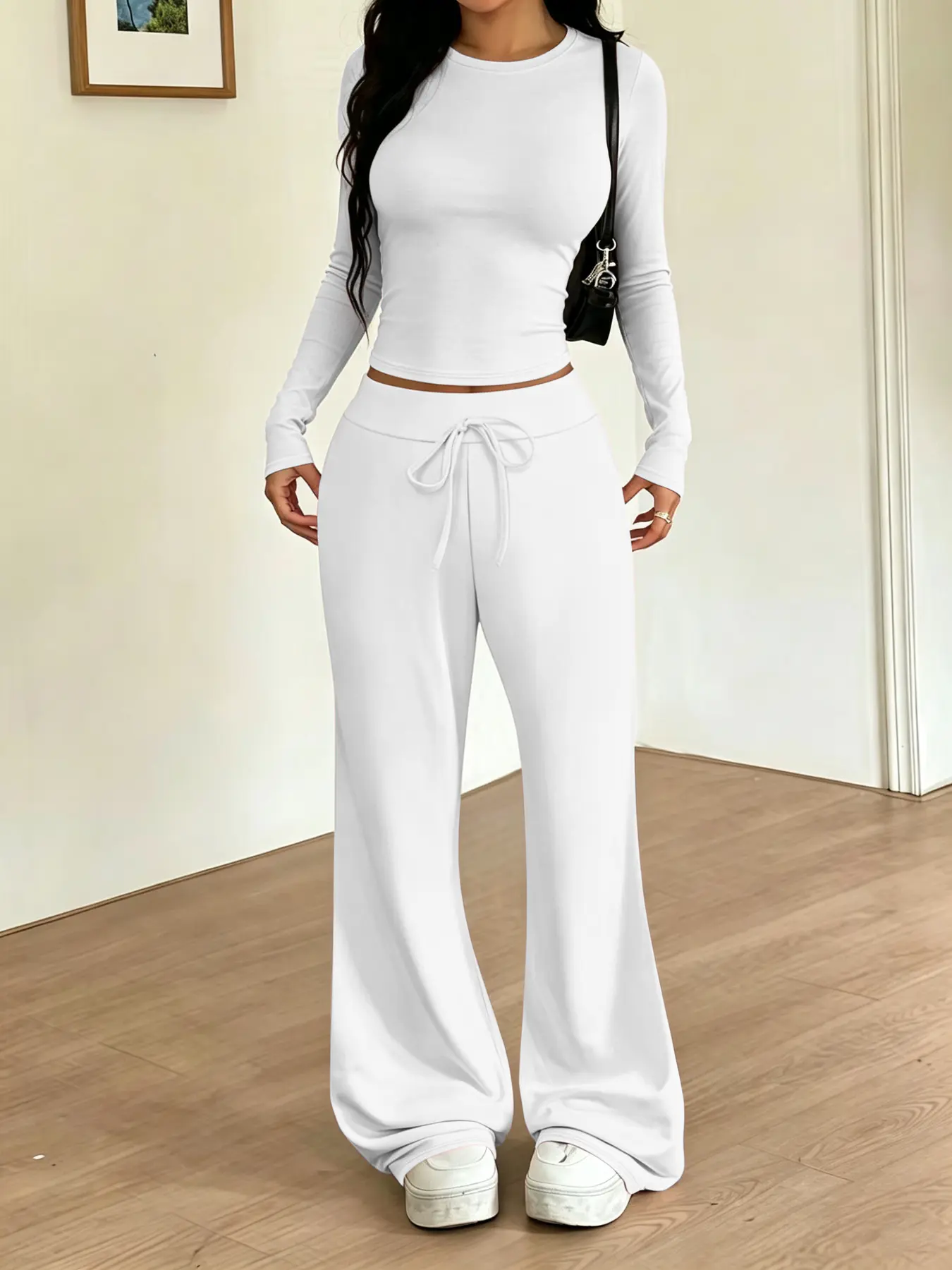 2-Pack Women's Matching Outfit, Simple Casual Long Sleeve Tee and Micro Flare Pants Set