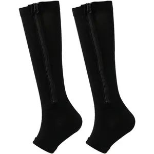 Zipper Compression Socks for Women Men, Open Toe Calf Knee High Socks with Zipper, 15-24mmHg, Support Socks for Sport, Edema