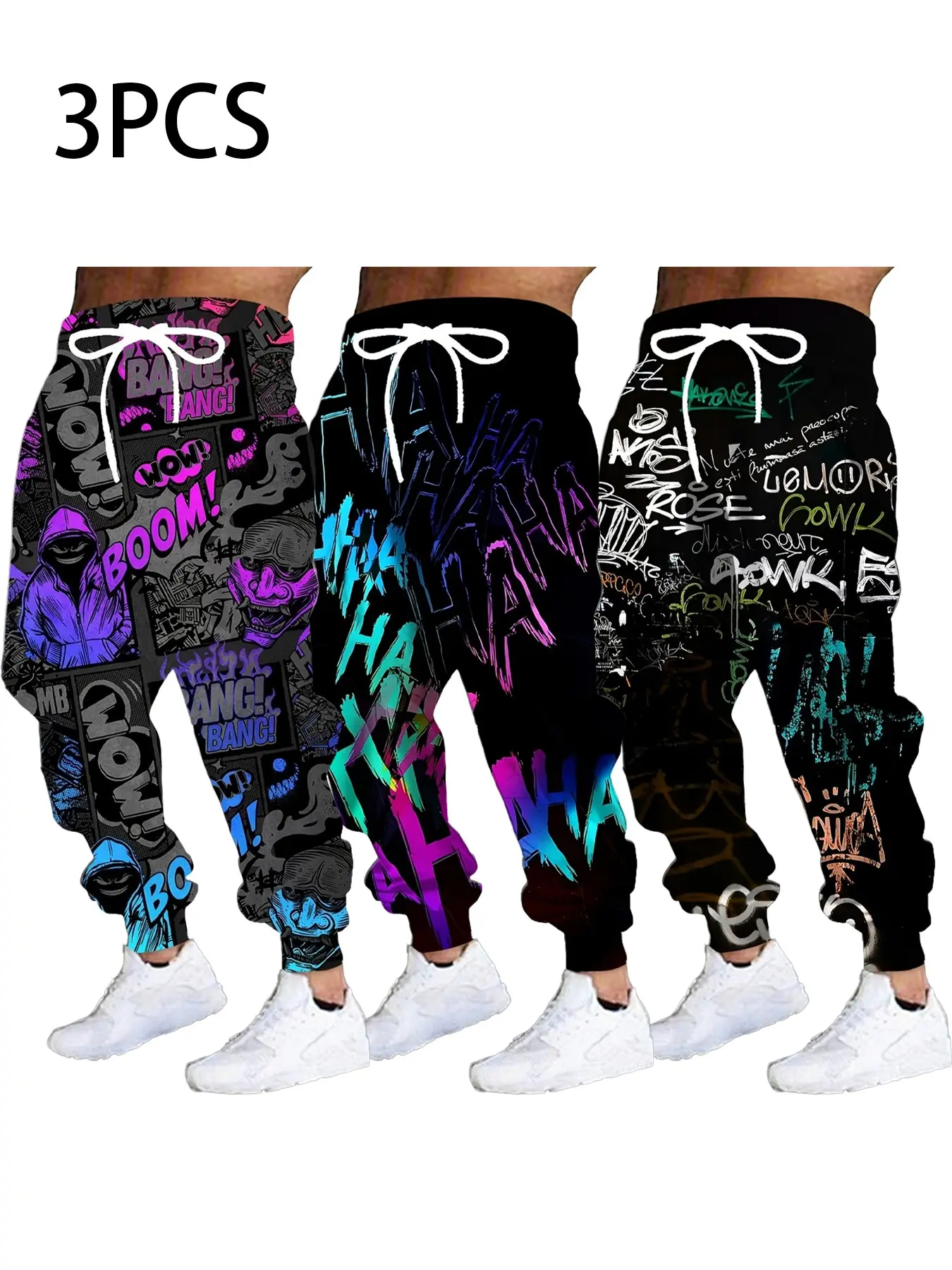 3-Pack Men's Graffiti Letter Print Sweatpants, Casual Drawstring Joggers, Street Style Ankle-Length Pants, Fall & Winter Wear