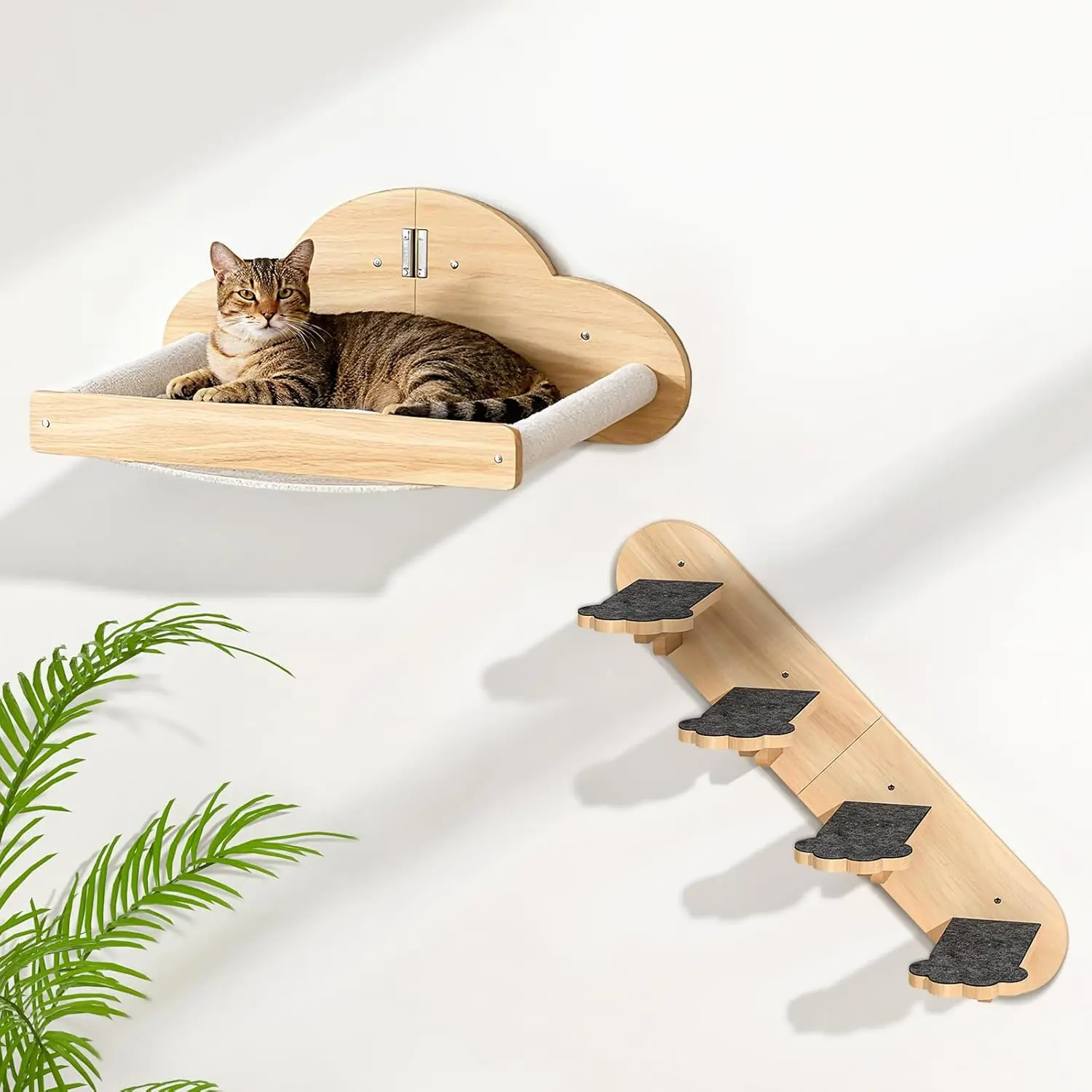 Wall Mounted Cat Hammock with 3 Climbing Steps, Pine Wood Cat Climbing Shelves & Perches up to 30lbs, Kitty Wall Shelf Furniture for Indoor Sleeping, Lounging, Climbing and Playing