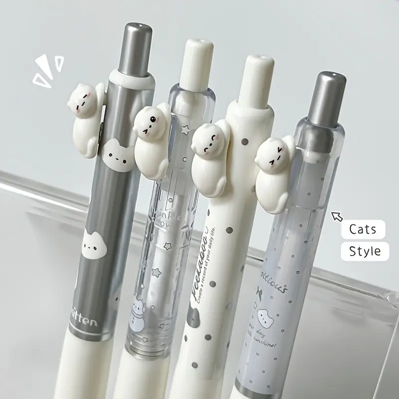 4-Pack Cute Cat-Shaped Push-Button Neutral Pens, 0.5mm Fine Tip, Gel Ink, Quick-Dry, School & Office Supplies, High Aesthetic Value, Creative Stationery, Funny Work Pens