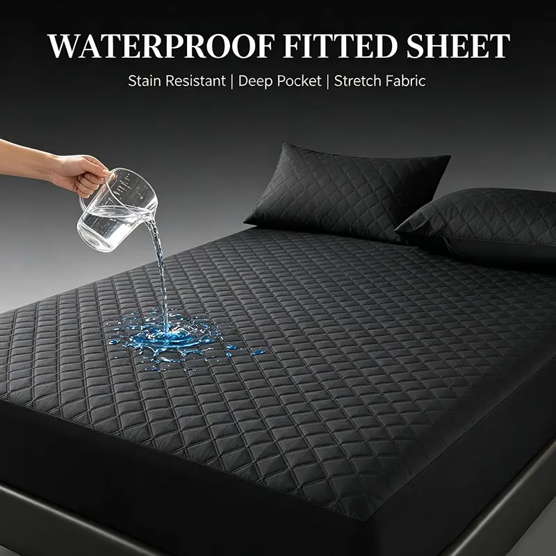 Waterproof Diamond Quilted Fitted Sheet Set with 2 Pillowcases, Stain Resistant Stretch Deep Pocket Mattress Protector, Liquid Barrier Breathable Silent Bed Cover for Single Double Queen King Size Bedroom Daily Use