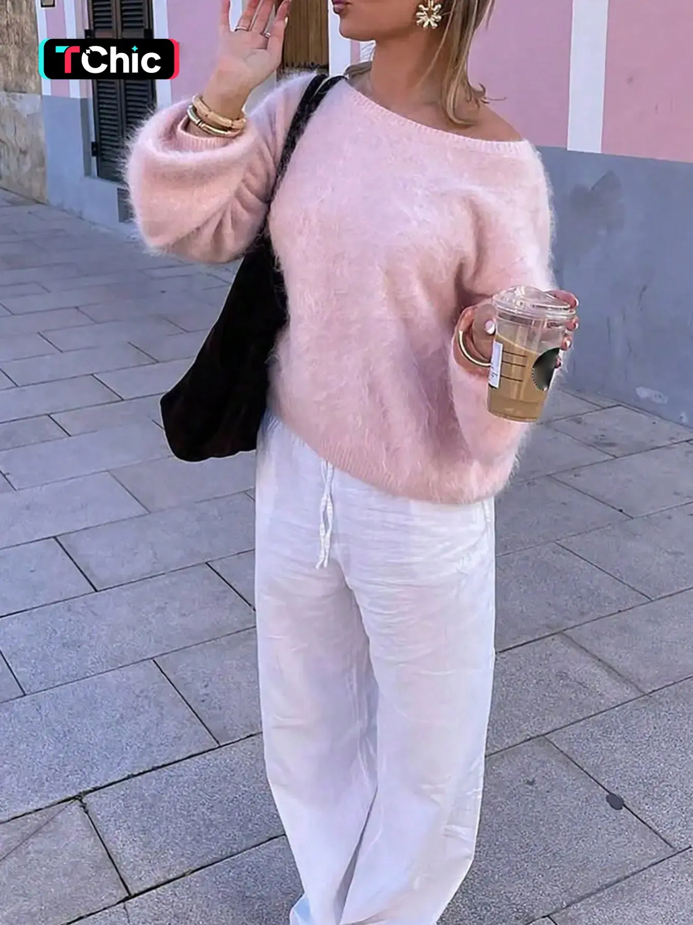 Coquette Off Shoulder Fuzzy Knit Sweater for Women Fall Winter, Oversized Puff Sleeve Plush Knit Top, Loose Slouchy Fit Pastel Knitwear, For Coffee Walks Casual Dates Weekend Trips, Match Linen Wide Pants Skirts for Soft Minimalist Street Outfit