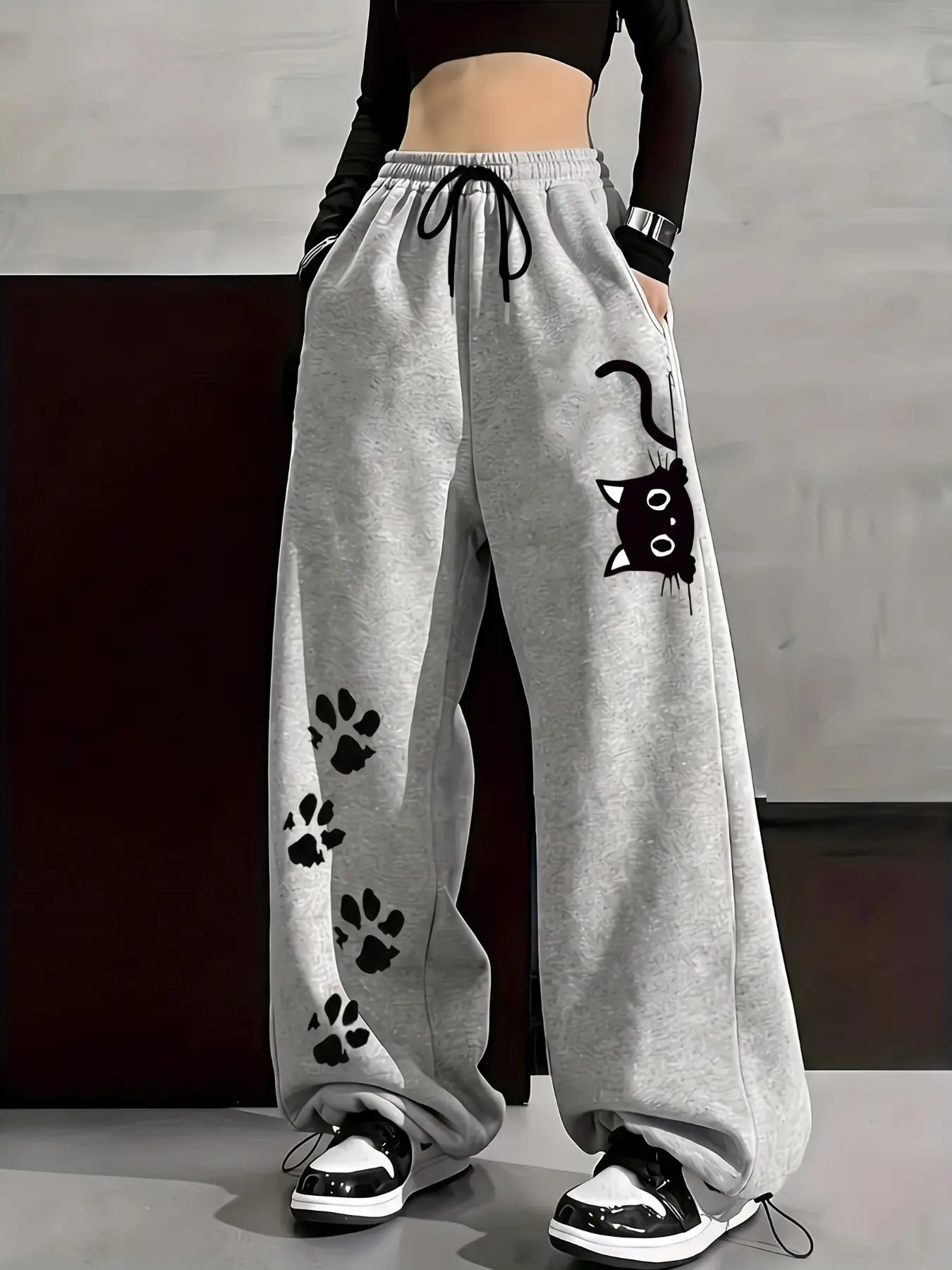 Women's Pink Floral Print Wide Leg Sweatpants, Elastic Waist Drawstring Casual Trousers, Loose Fit Y2K Streetwear Pants, Fashion Joggers for Daily & Lounge Outfit, 2026 Trendy Soft Comfy Pants