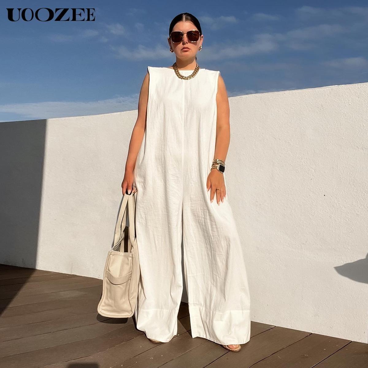 UOOZEE Women's Sleeveless Wide Leg Jumpsuit - Cotton-Spandex-Linen Blend, Basic Fitted-Loose Casual, Plus Size, Solid Color, Pockets, Minimalist Women's Clothes for Spring