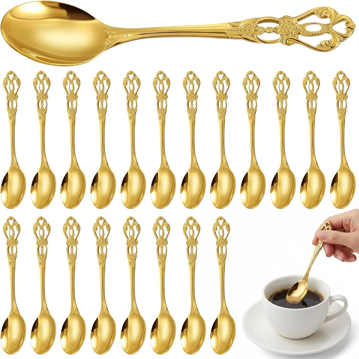 Dandat 20 Pcs 4.9" Vintage Fancy Gold Teaspoons Coffee, Tea Party, Dessert Spoons, Stainless Steel Mini Spoons for Tea, Coffee, Dessert, Wedding, Party Tableware