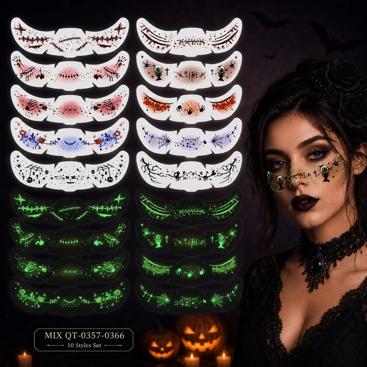 Halloween Face Stickers Glow in the Dark, 10 Pack Spooky Face Decals Sheets, Luminous Makeup Stickers for Women Girls, Halloween Party Costume Accessories