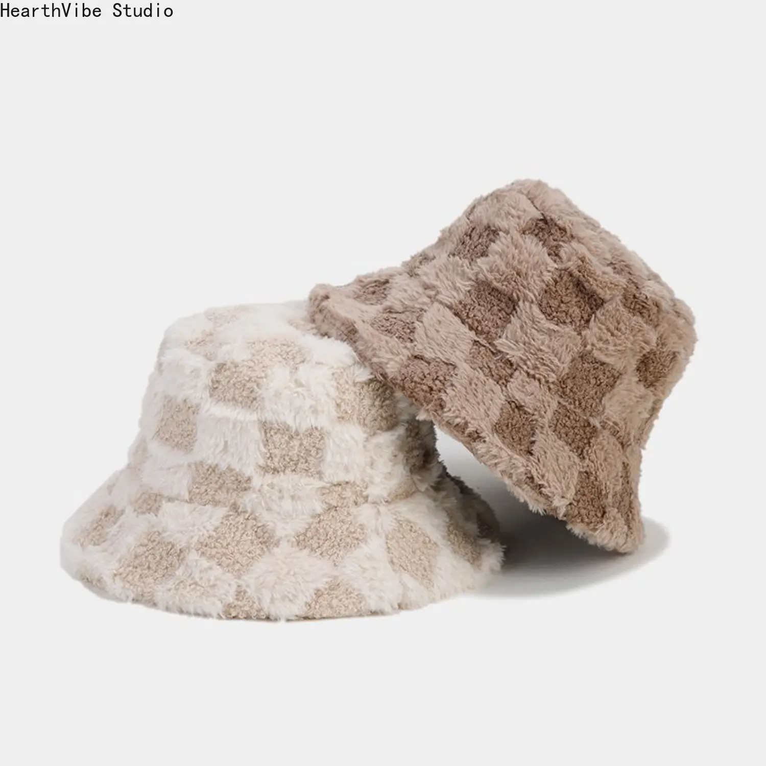 Checkerboard Casual Cap, Unisex Warm Plush Faux Fur Fisherman Beanie in a Bucket Shape for Winter Outdoor Travel
