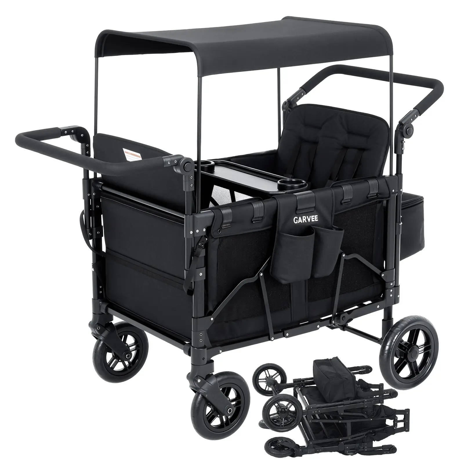4 Seater Stroller Wagon, All-Terrain, Premium Wagon Stroller for Kids with Safety Harness, Snack Tray, Removable Canopy, Swivel & Fixed Wheels, One-Step Brake, Green