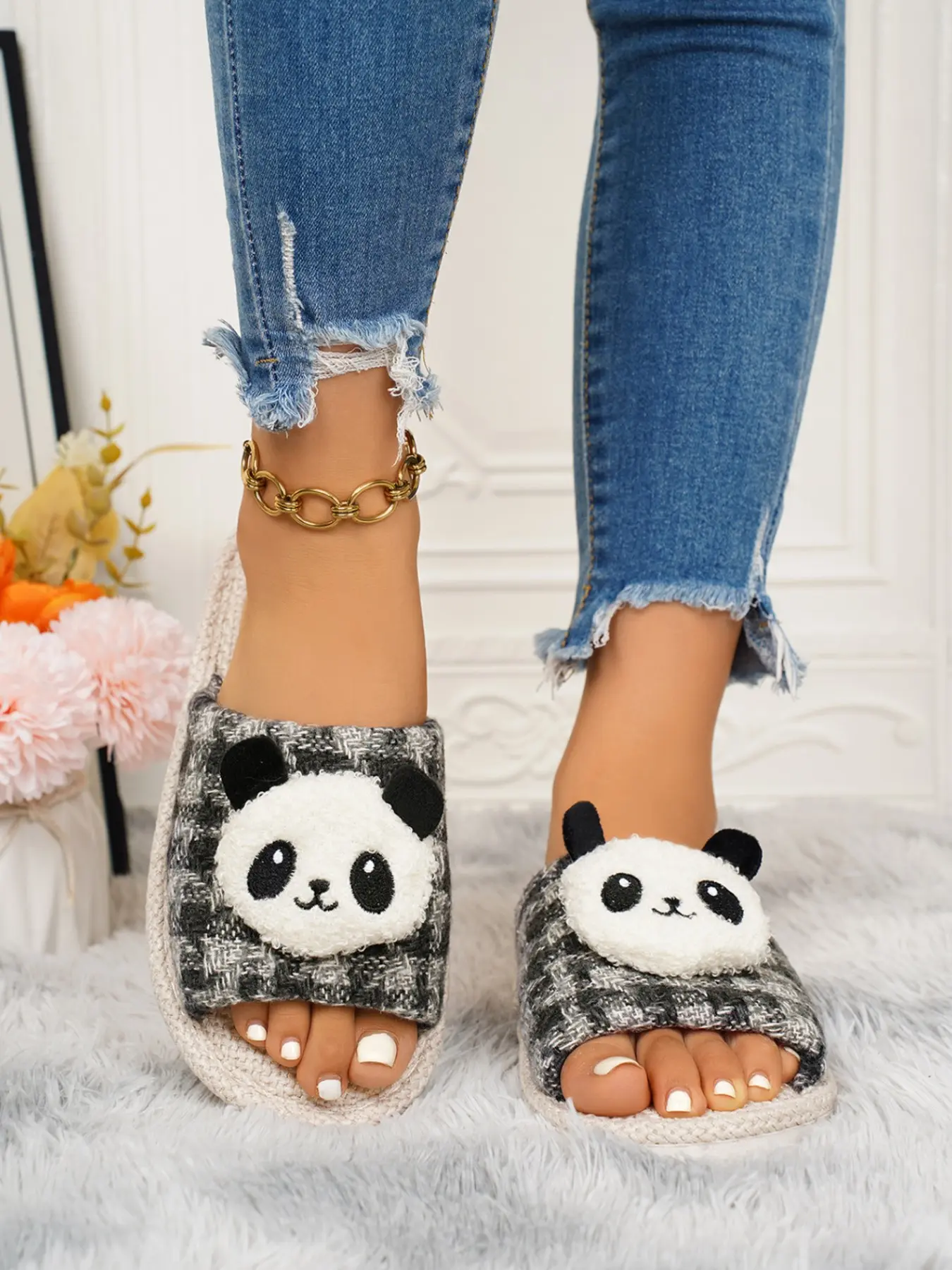 Women's Plaid Fabric Open-Toe House Slippers, Cute Panda Embellishment, Soft Breathable Indoor Shoes, Casual Everyday One-Strap Sandals