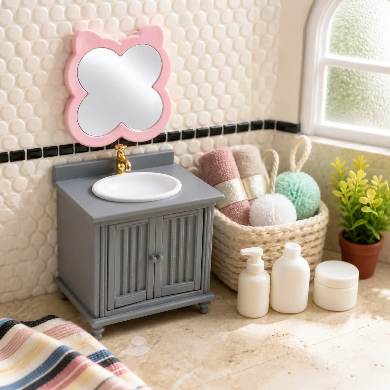 Miniature Dollhouse Bathroom Furniture and Accessories Assortment, Bathtub, Toilet, Vanity, Washing Machine and Shower Curtain for DIY Scenes