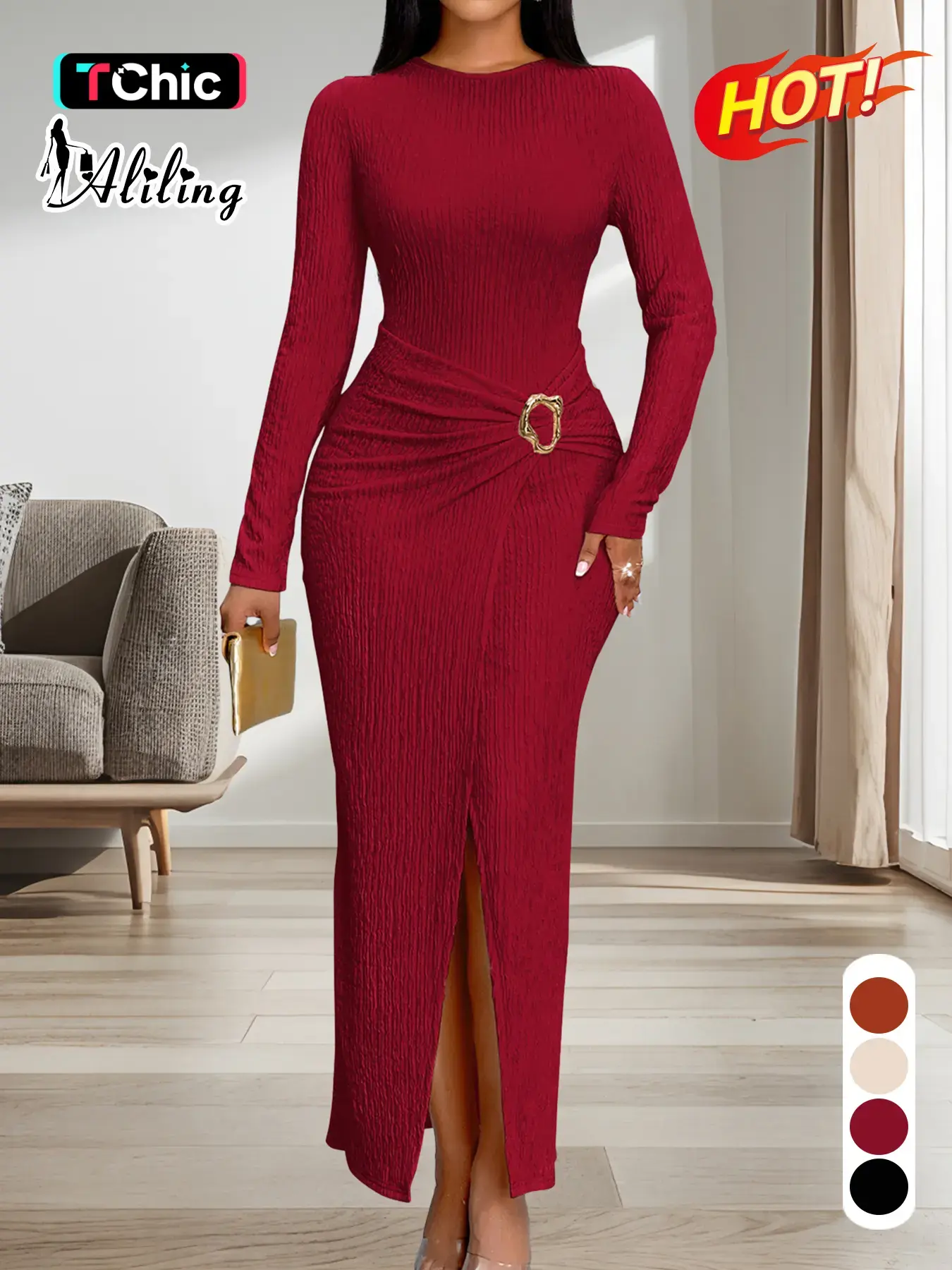 Aliling Christmas Dresses Cocktail Party Dresses For Women Round Neck Long Sleeve Slim Fit Split Slit Long Dresses Solid High Waist Bodycon Slim Female Chic Elegant Party Clothing Casual Bodycon Evening Dress