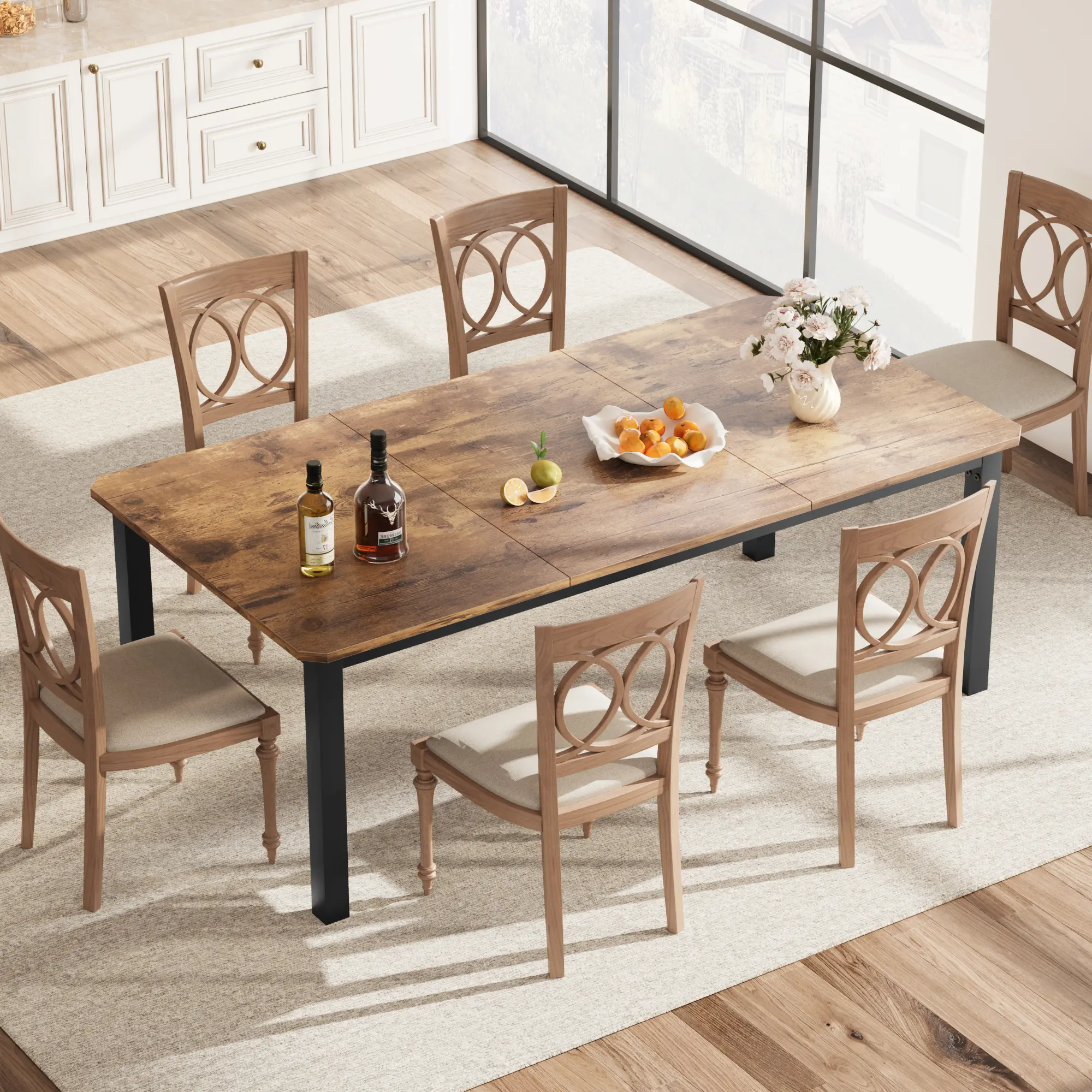 Industrial Dining Table for 6-8 People 78.7" Rectangular, Vintage Wood MDF Dinner Table with Sturdy Rust-Resistant Metal Frame, Ergonomic Leg Space Dining Room Kitchen Breakfast Nook Multipurpose Household Furniture (Only Table)
