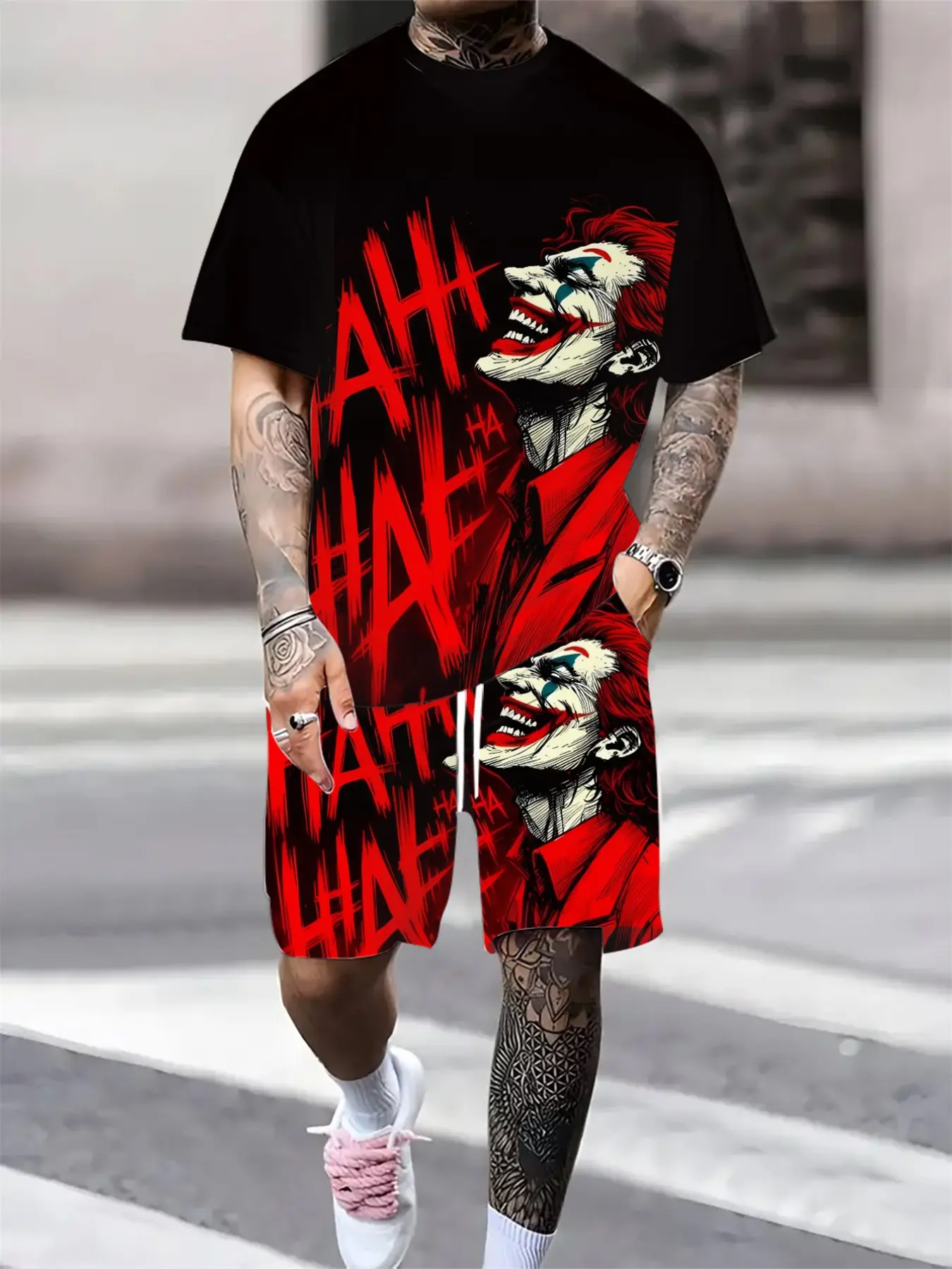 Men's Warner Collaboration Short Sleeved Set, Joker Trendy Print, Casual Comfortable 2pcs, Summer Christmas Fashion