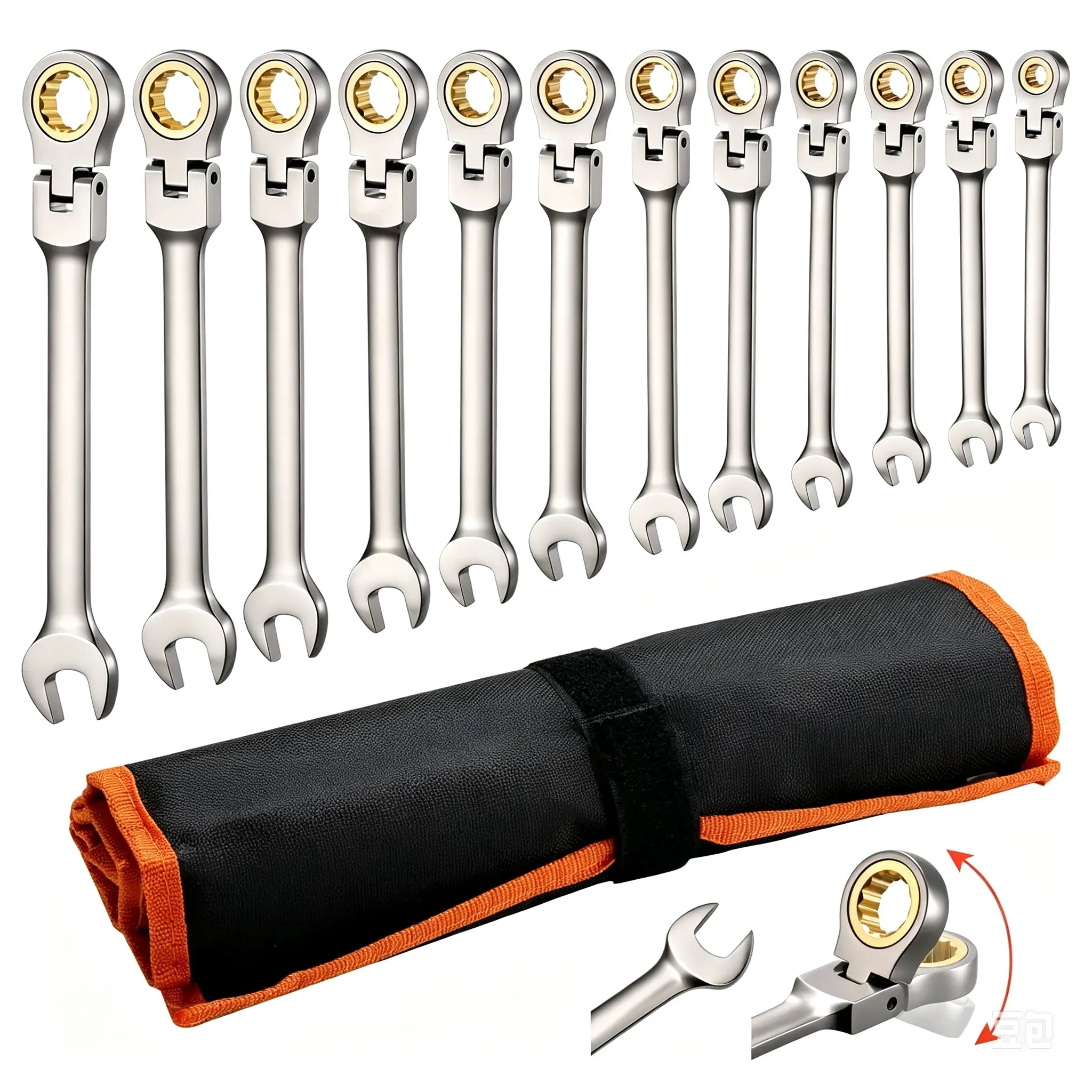Flex-Head Ratcheting Wrench Set, SAE and Metric,, Cr-V Steel Ratchet Flexible Combination Wrench Set with Roll Up Pouch, for General Household and Automotive Repairs, Silver
