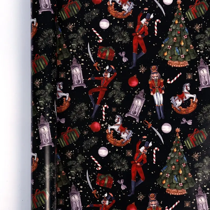 Heavy Duty Thick Christmas Wrapping Paper Roll (16.9x118.1in), No-tear Vintage Black Nutcracker Pattern DIY Gift Wrap, Nesting Party Holiday Celebration Craft Supplies
