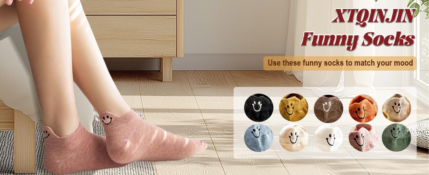 Smiley Face Socks 10 Pairs - Women's Cute Embroidered Ankle Socks, Kawaii Cotton Low Cut Socks for Daily Wear