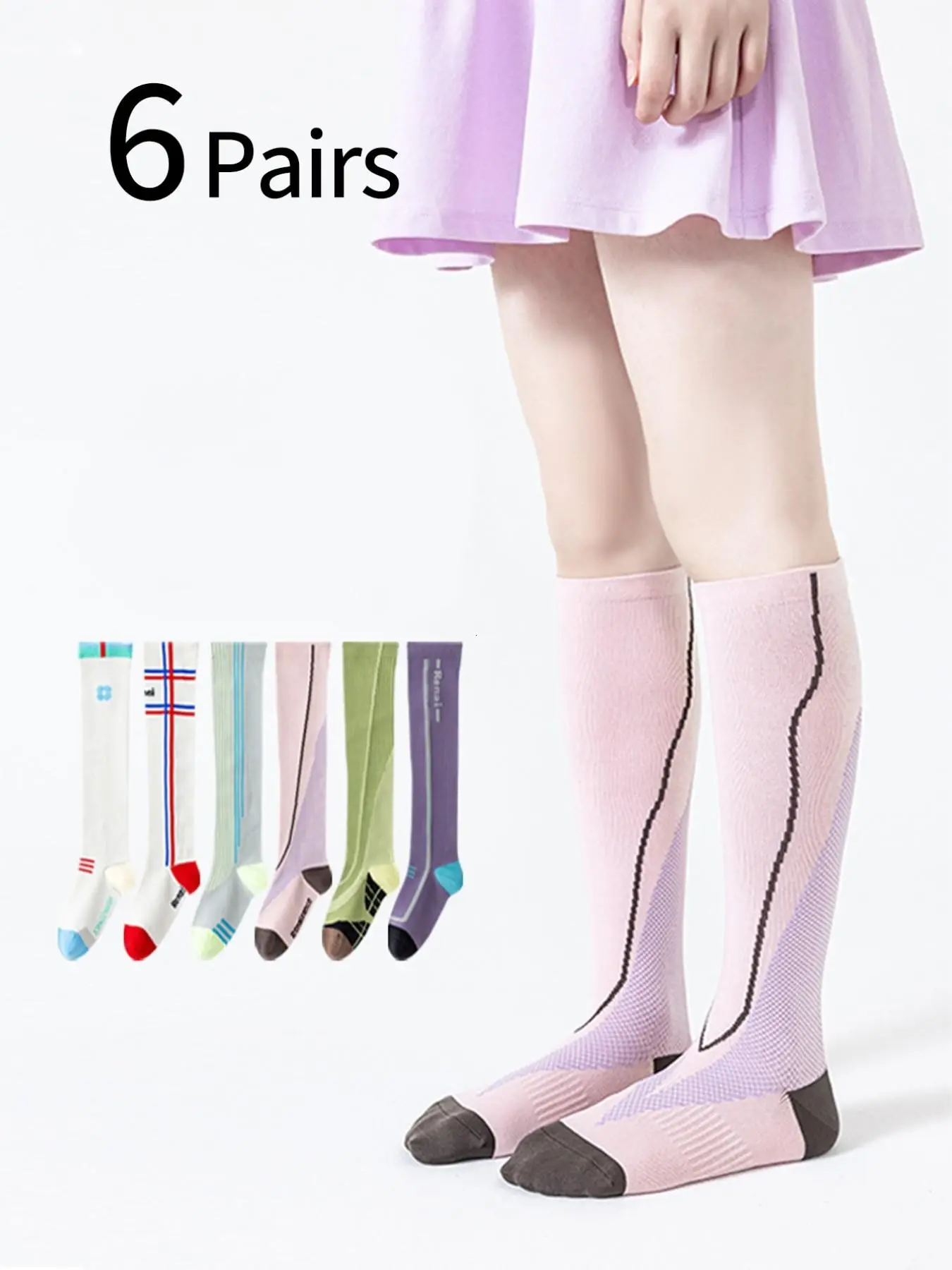 6 Pairs Kids Socks, Girls Sports Compression Socks, Medium Large Child Cycling Long Tube Socks, Anti-Pilling Comfortable Durable