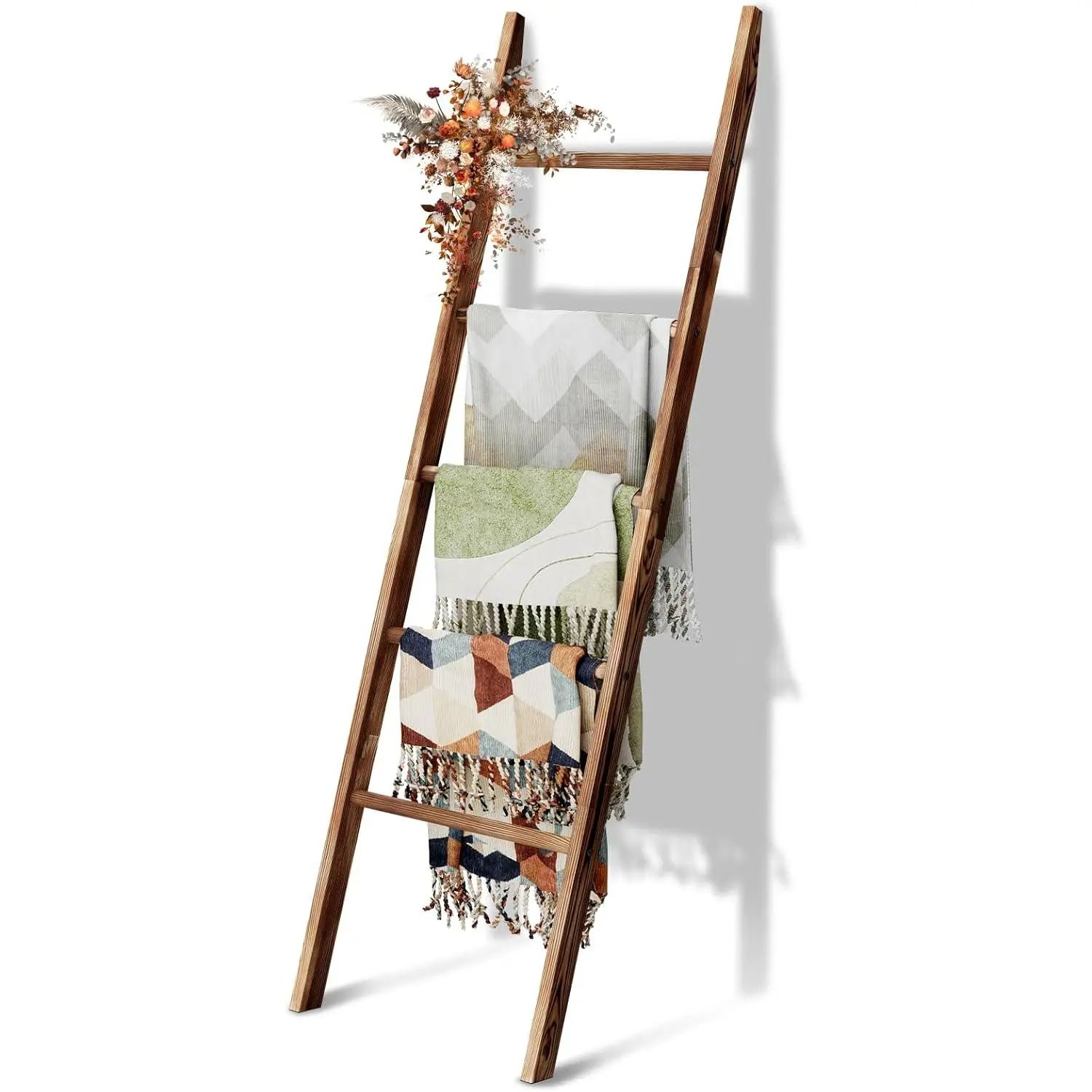 5-Tier Blanket Ladder Wooden, 5.3FT(63'') Blanket Quilt Holder Rack Decorative Ladders, Easy Assembly, Rustic  Ladder Shelf for The Living Room Bedroom Bathroom  Decor, Brown