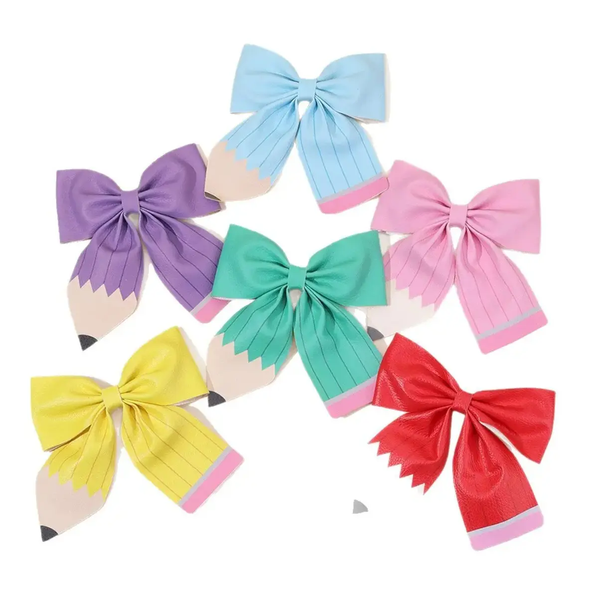6-Pack Girls' Pencil Bow Shape Hair Clips, Pastel Faux Leather Accessories for Back-to-School Schoolwear with Non-Slip Grip, Pencil Motif, Bows