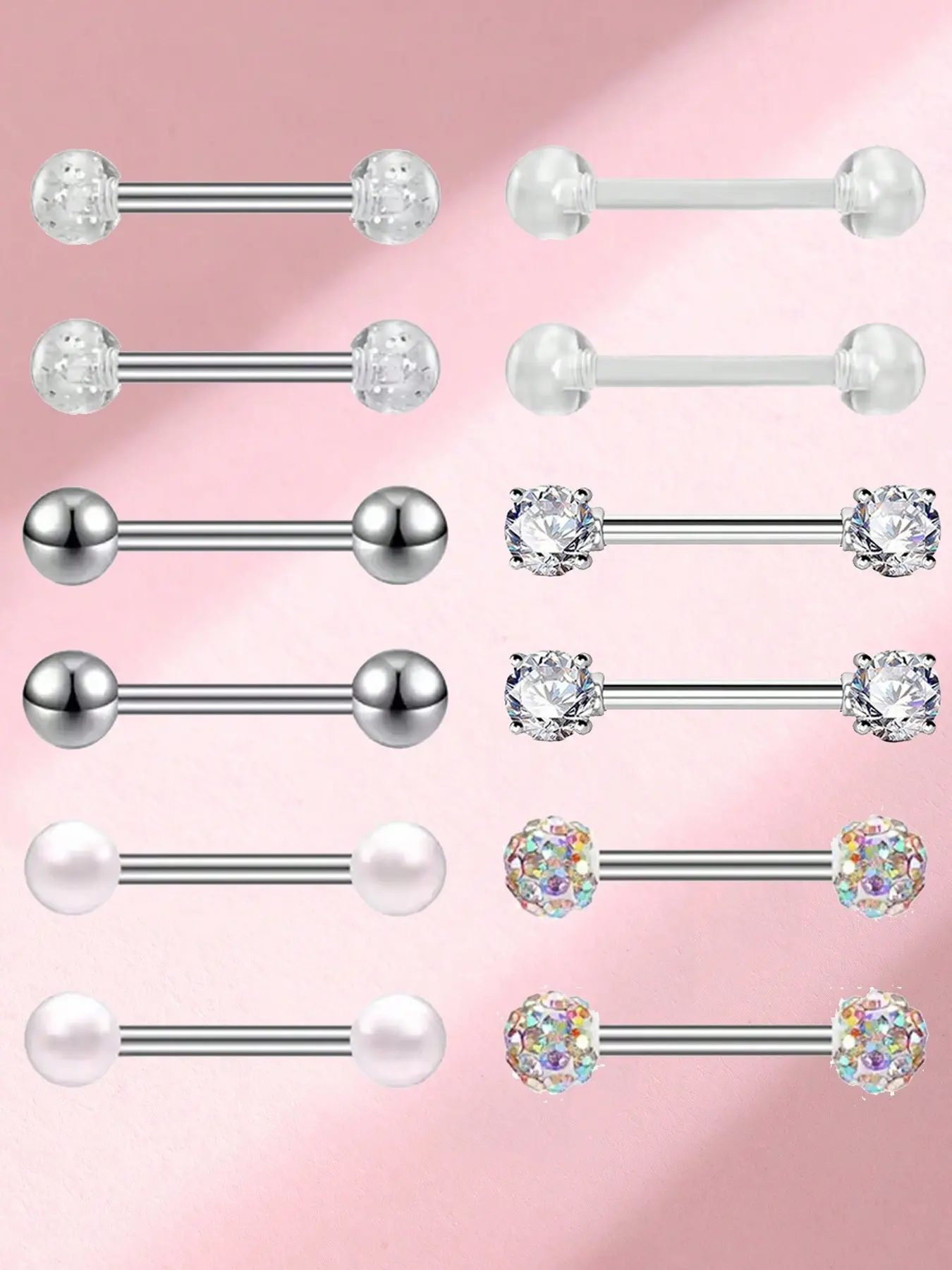 12 Piece Set Fashion Stainless Steel Ball Lip Ring Tongue Stud, Cute Plain Design, All Seasons Jewelry for Women, Daily Wear Body Piercing Jewelry