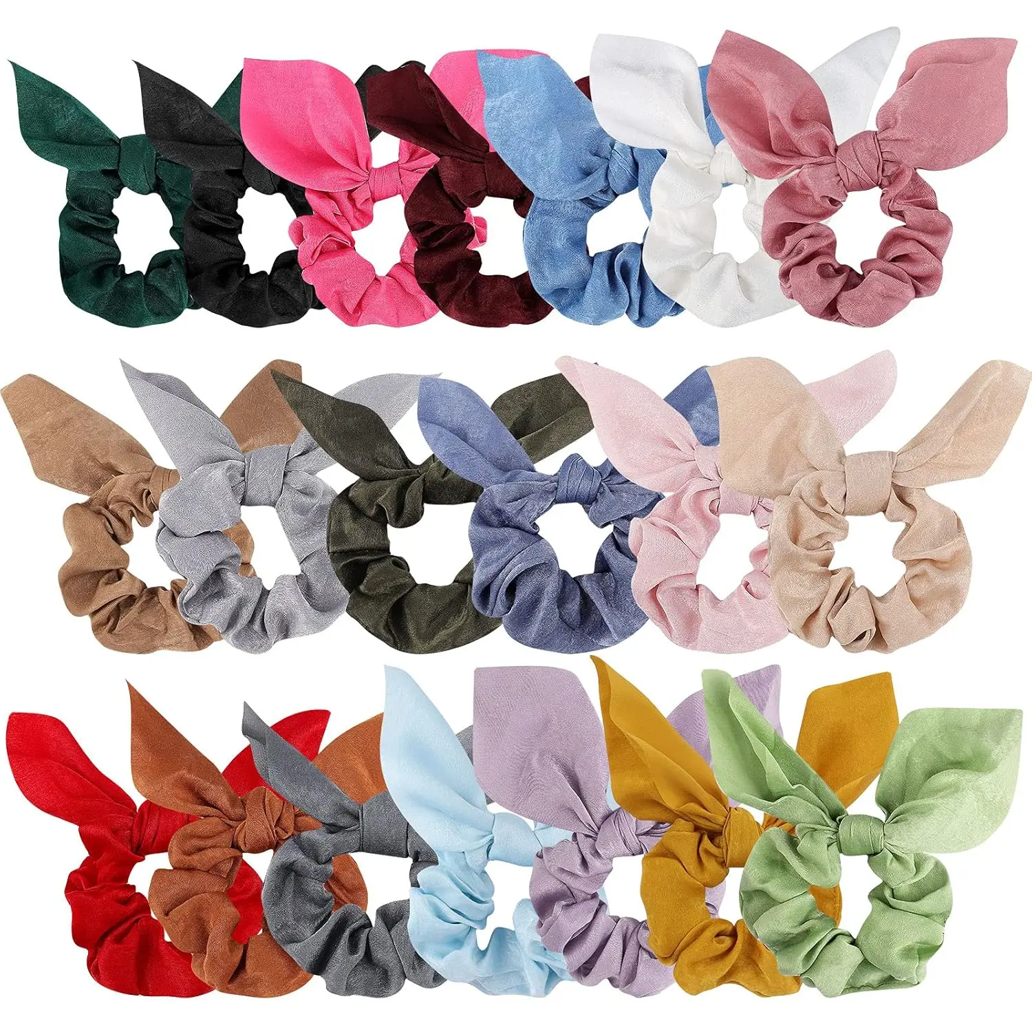 20 Pack Satin Scrunchies for Thick Hair, Hair Ties with Bow for Women's Hair, Bunny Ear Scrunchies, Hair Accessories for Girls, Silk Scrunchies in 20 Solid Warm Colors
