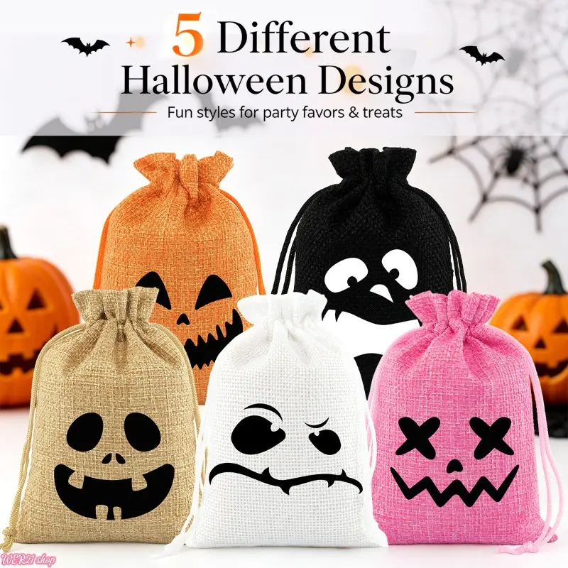 [HalloweenTok] Burlap Drawstring Candy Bags Set - 2026 Viral Spooky Linen Treat Pouches, Funny Ghost Skull Face, Reusable Trick-Or-Treat Organizer for Kids Holiday Party Favors