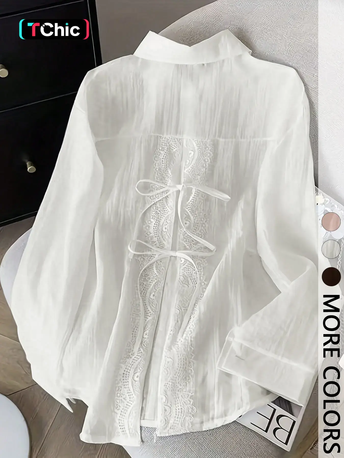 Women's Lightweight Lace Trim Tie Butterfly Knot Semi-Transparent Layered Button Shirt, Blouses, Perfect for Spring, Summer, Fall