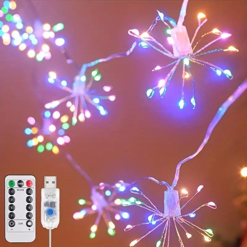 1PC USB Firework Starburst String Lights Modern Tech Aesthetic 3M/9.8FT 100LED Multicolor with Remote Control Dimmer 8 Modes for Bedroom Party Christmas Decor