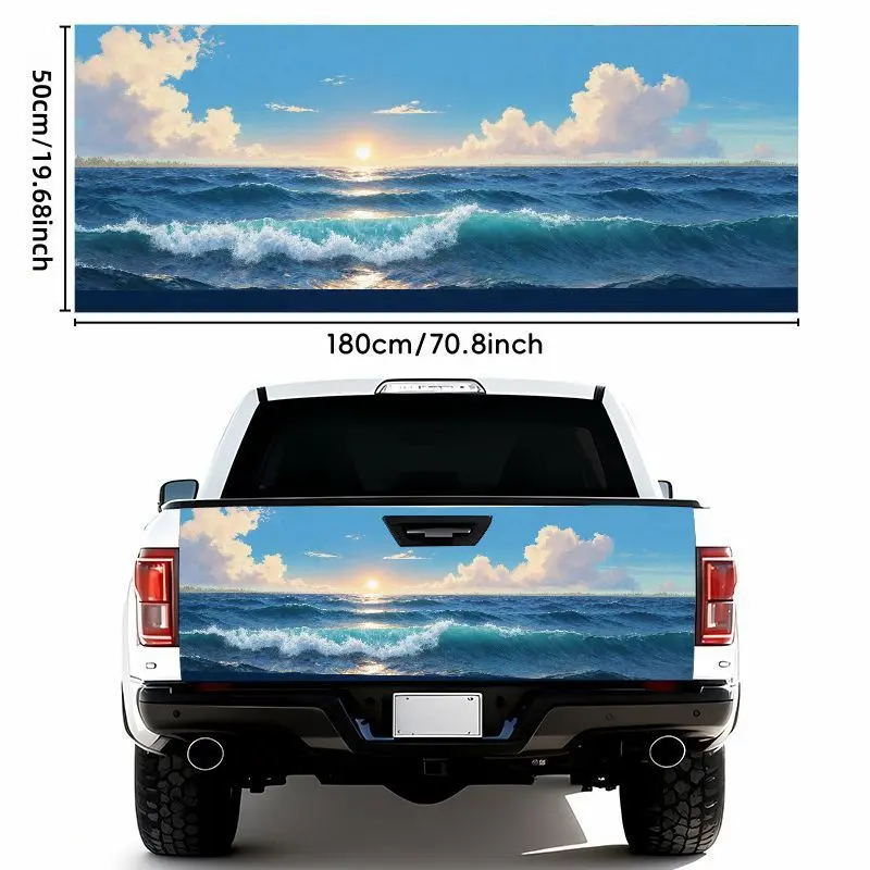 19.69X 70.87inch Bright Ocean Sunset Car Decal- Self-Adhesive Tail Sticker, Includes Blue Sky, Fluffy Clouds, Golden Sun Reflections, Turquoise Waves, and Distant Land- Weatherproof, Easy to Apply and Remove