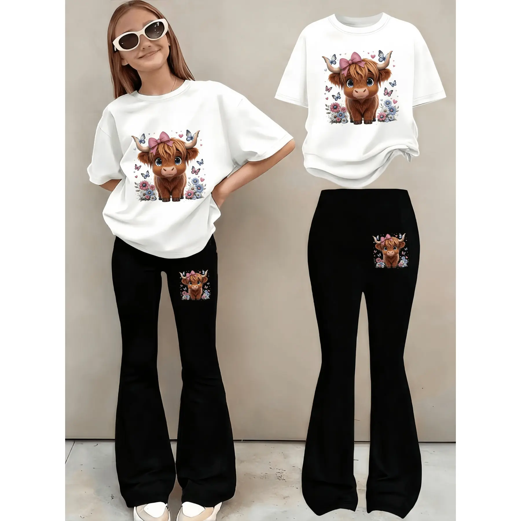 2pcs Girls' Flared Pants Spring Summer Fall New Cute Scottish Highland Cow Print Fashion Chic Casual Outfit, for Outdoor