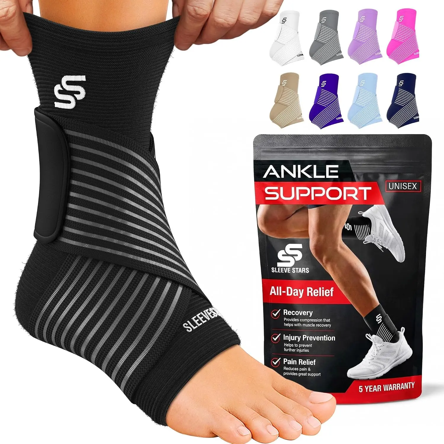 Unisex Latex-Free Ankle Brace with Removable Strap, Customizable Compression Wrap for Sprain Pain Relief & Plantar Fasciitis (Single, M:10"-12", Black)