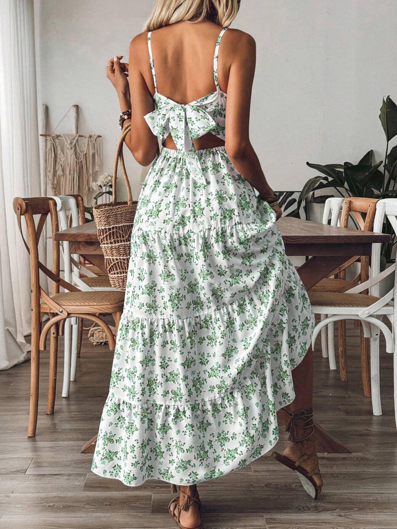 1pc Women's Floral Tiered Maxi Dress, Spaghetti Straps & Back Cutout Bow Detail & Flowy Tiered Skirt & Lightweight Material & Multiple Floral Patterns & Frill Ruffle Hem, Floral Print Dress