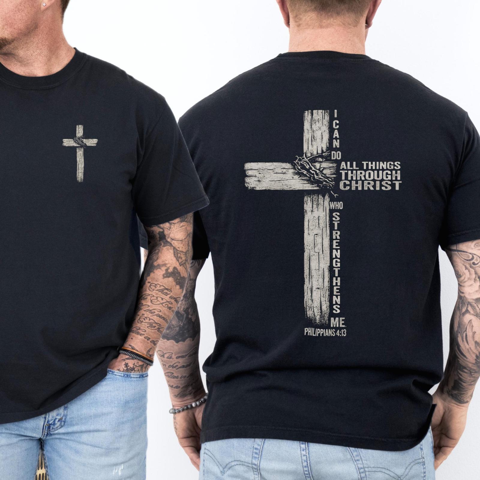 Double Sided Faith Quote  T-Shirt – Philippians 4:13 Christian Cross Graphic Tee