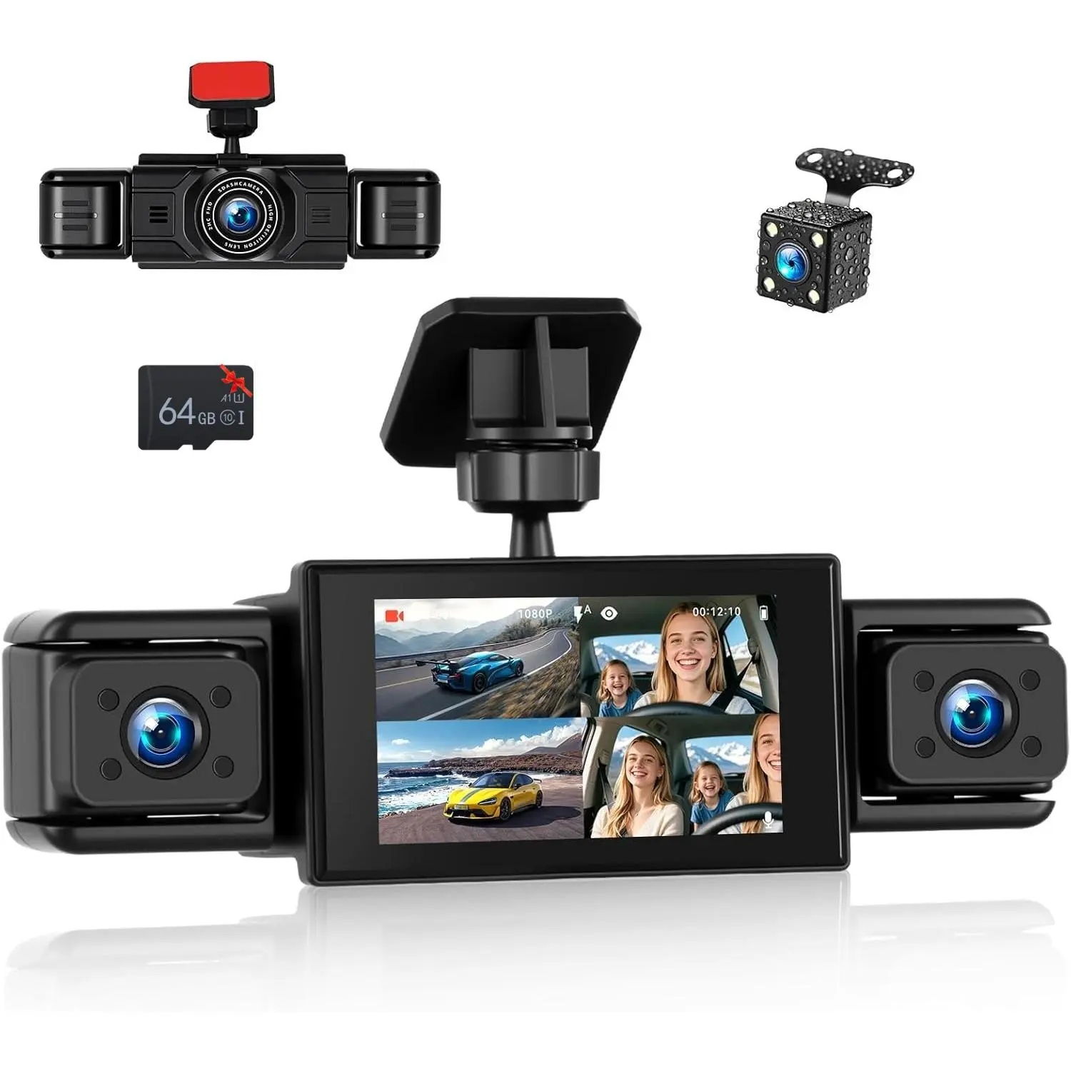 4-Channel 360° Dashcam with Front, Rear, Inside & Left-Right Cameras, 3” 1080P Car Camera, Loop Recording, Parking Assistance, 24H Parking Monitor, Free 64G TF Card