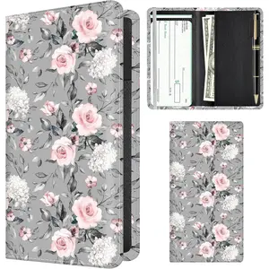 Checkbook Cover for Personal Checkbook, Cute Pu Leather check book for Women & Men, Slim Checkbook Holder with Pen Holder and Built-in Clear Plastic Divider Gray Pink Roses