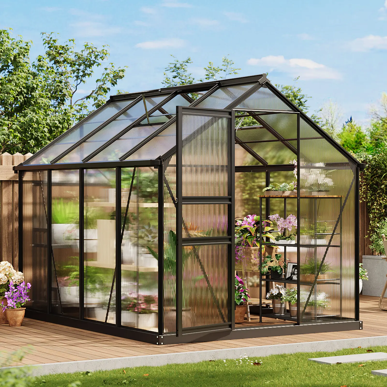 6x8 FT Outdoor Polycarbonate Walk-In Greenhouse, Heavy Duty Aluminum Frame with Lockable Sliding Door, Roof Vent & Ground Stakes for Garden, Backyard, Patio & Lawn