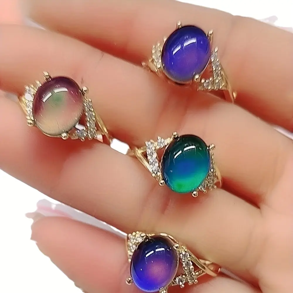 4PCS Color Changing Mood Rings for Women, Golden Alloy Sparkling Crystal Zircon Adjustable Ring Set, Temperature Sensitive Iridescent Dome Rings, Cute Aesthetic Fashion Jewelry Gift for Girls Her Birthday Party Daily Wear