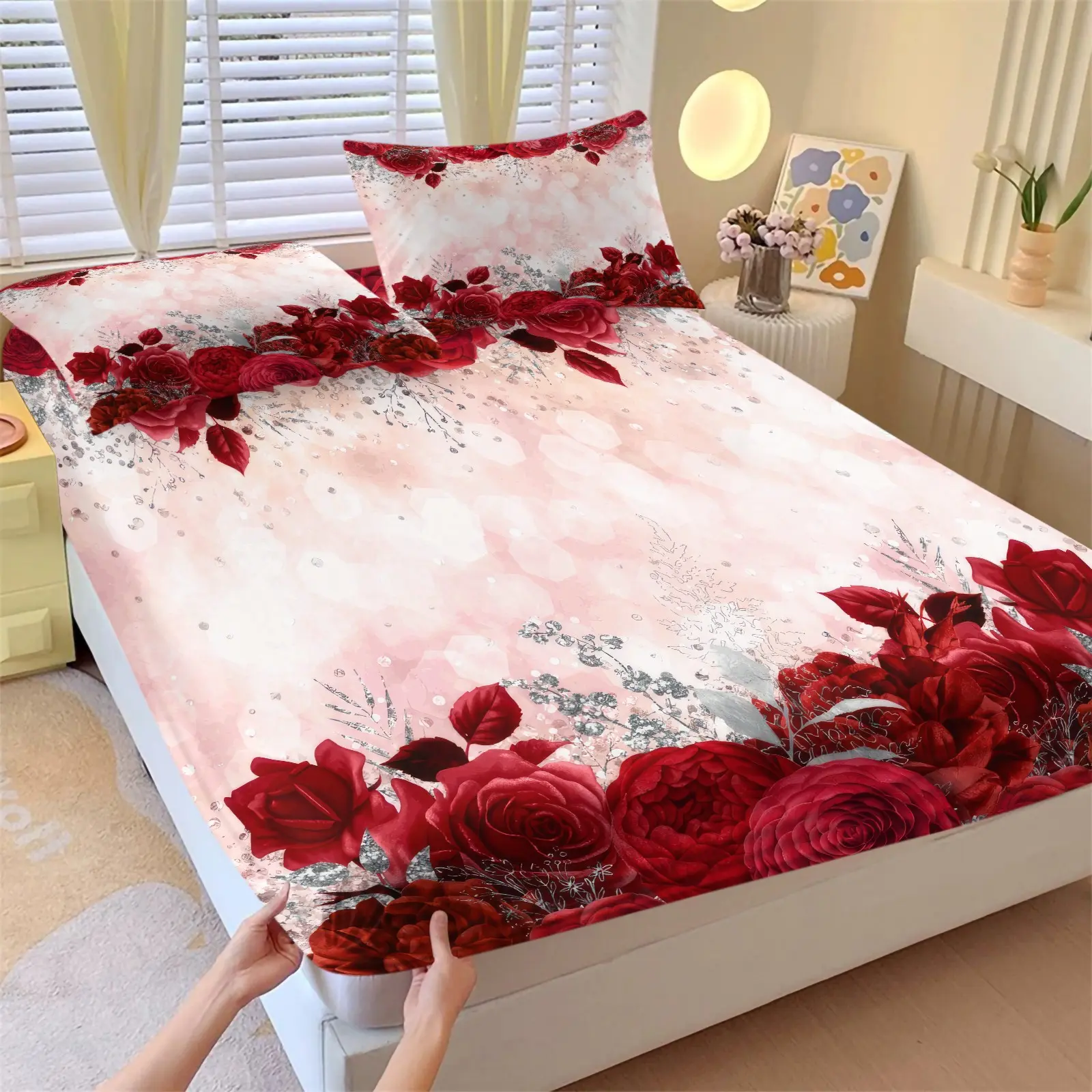 Red Rose Watercolor 3D Digital Print Fitted Sheet Set &2 Coreless Pillowcases-Wine Red Roses with Silver Sparkling Branches Leaves & Hazy Light Spots Base Mattress Protector-Comfortable Deep Pockets-Floral Bedding-Romantic Couple's Bedroom Decor