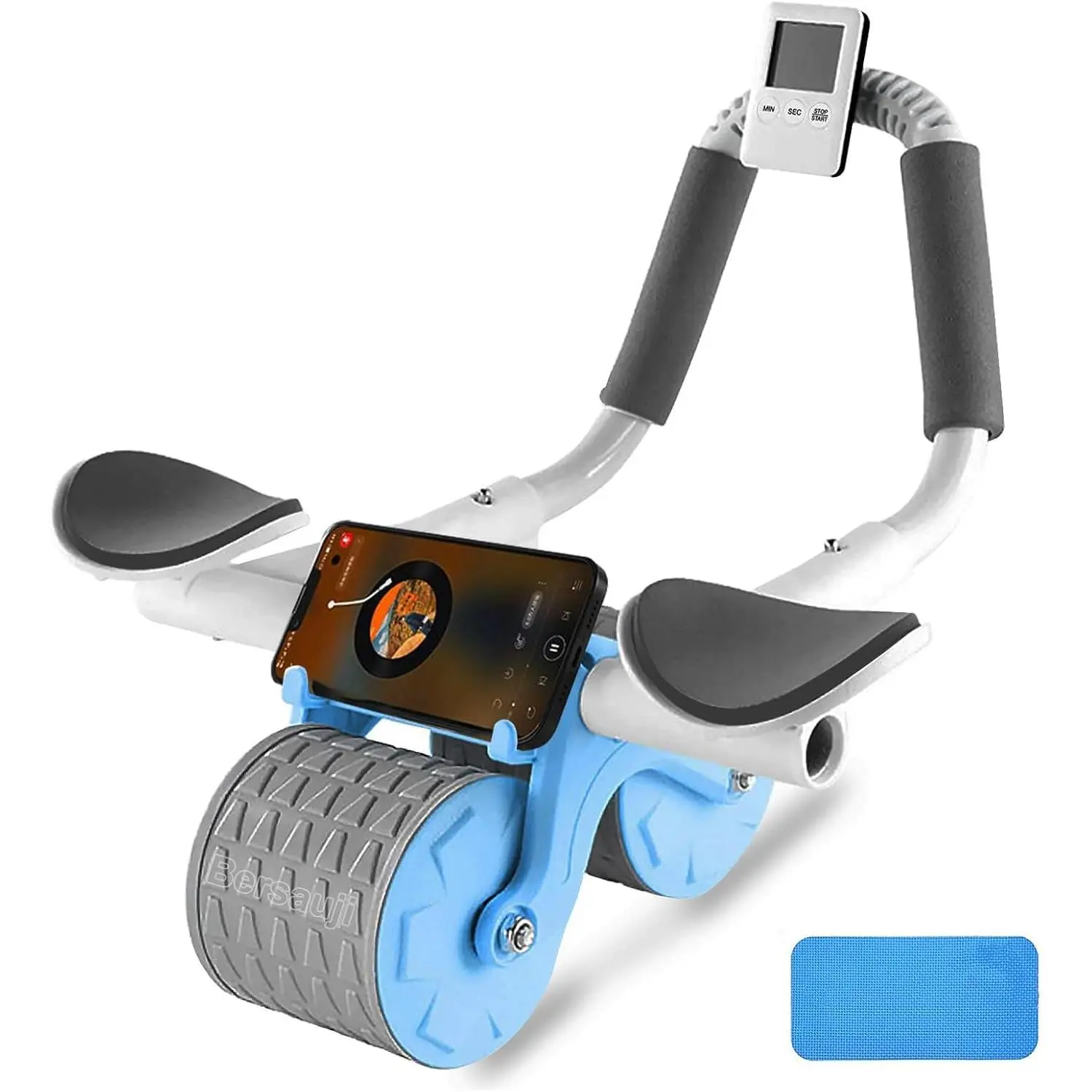 Unisex Auto-Rebound Alloy Steel Ab Roller - 400lb Capacity, Elbow Support, Functional Timer Phone Holder, Knee Pad for Home Core Training, Rebounds Auto
