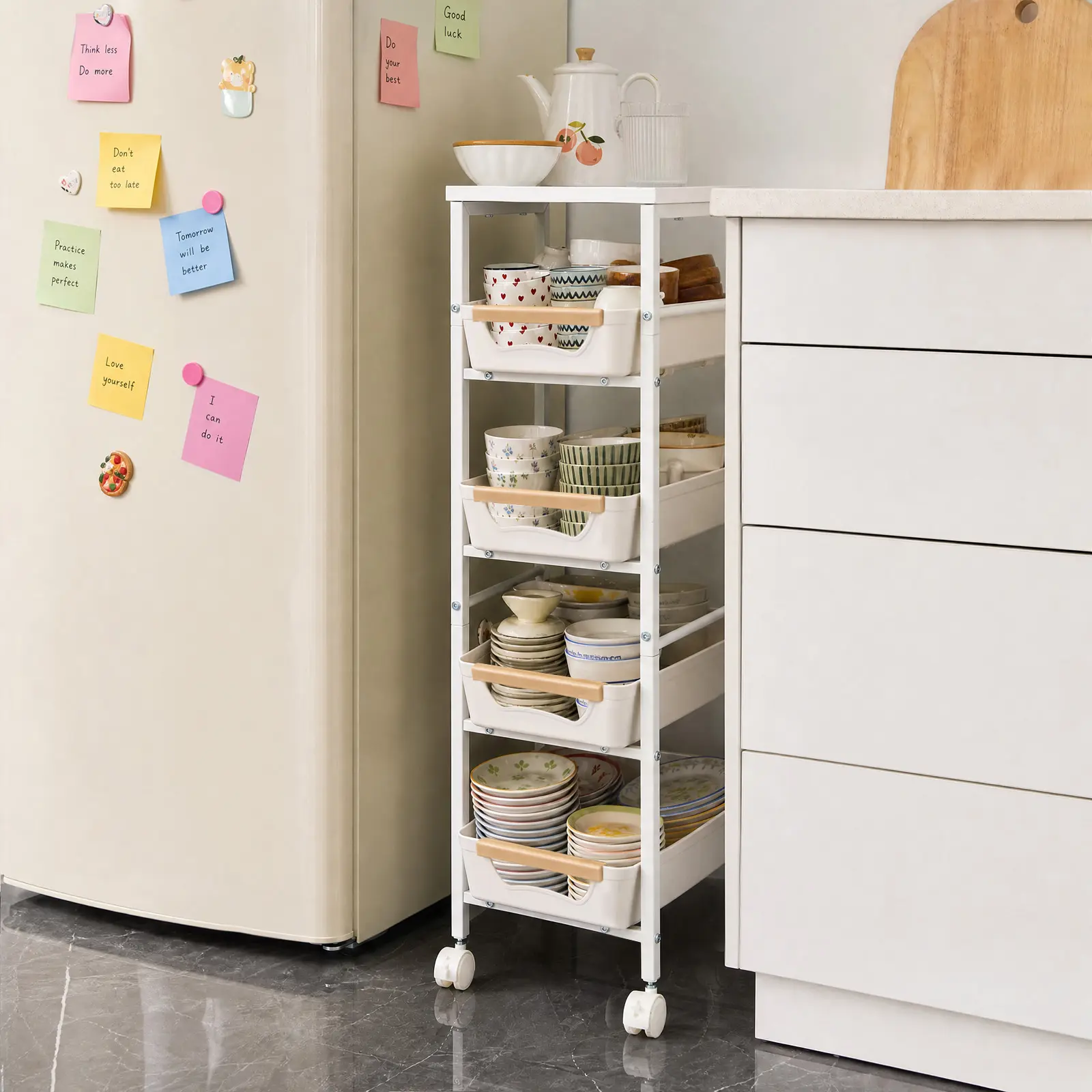 Multi-Tier Drawer Rolling Storage Cart, Slim Gap Organizer Cart with Wooden Top and Pull-out Baskets, Wheeled Shelf for Kitchen, Bathroom, Apartment and Laundry Room