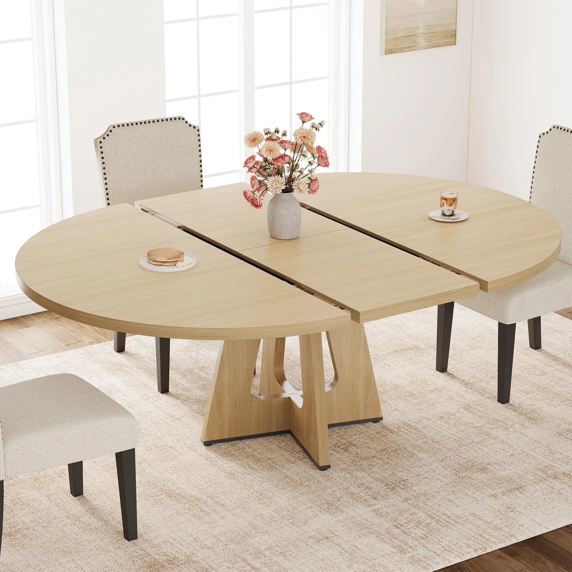 and  Extendable Round Dining Tables for 4-8 People, 47"-63" Sizes, Available in Natural Wood, Black, Vintage, and Grey Finishes, Durable MDF & Metal, Space-Saving Design for Dining Rooms, Kitchens, or Living Rooms