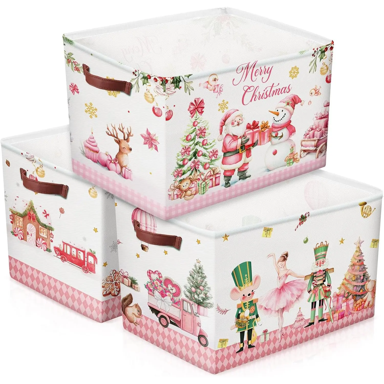Geelin 3 Pcs Large Christmas Baskets 15 x 11 x 9.5 Inch Empty Xmas Storage Bin with Handles Collapsible Waterproof Extra Big Foldable Gift Basket for Office Home Bedroom Cloth Toy Gift(Rustic)