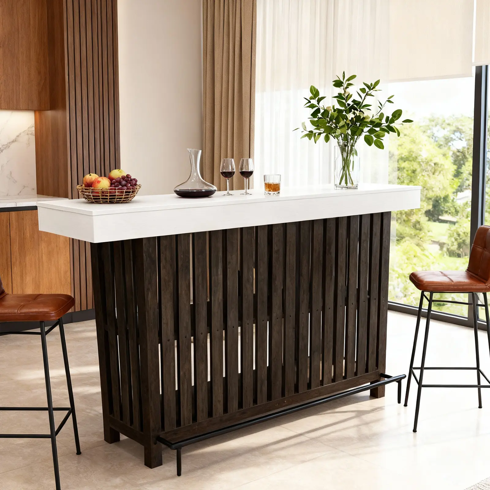 63" Large Home Bar Unit, 2 Tier Kitchen Pub Table, Wood Freestanding Storage Shelf Mini Bar Unit, Modern Coffee Bar Cabinet for Living Room