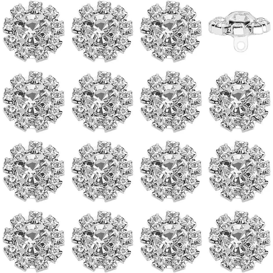 16 count Rhinestone Buttons 0.5 inch in Diameter Clear  Round Buttons with 1.4mm Hole  Brass Shank Rhinestones Button for Garment Flower Rhinestone Button for Clothes Decor