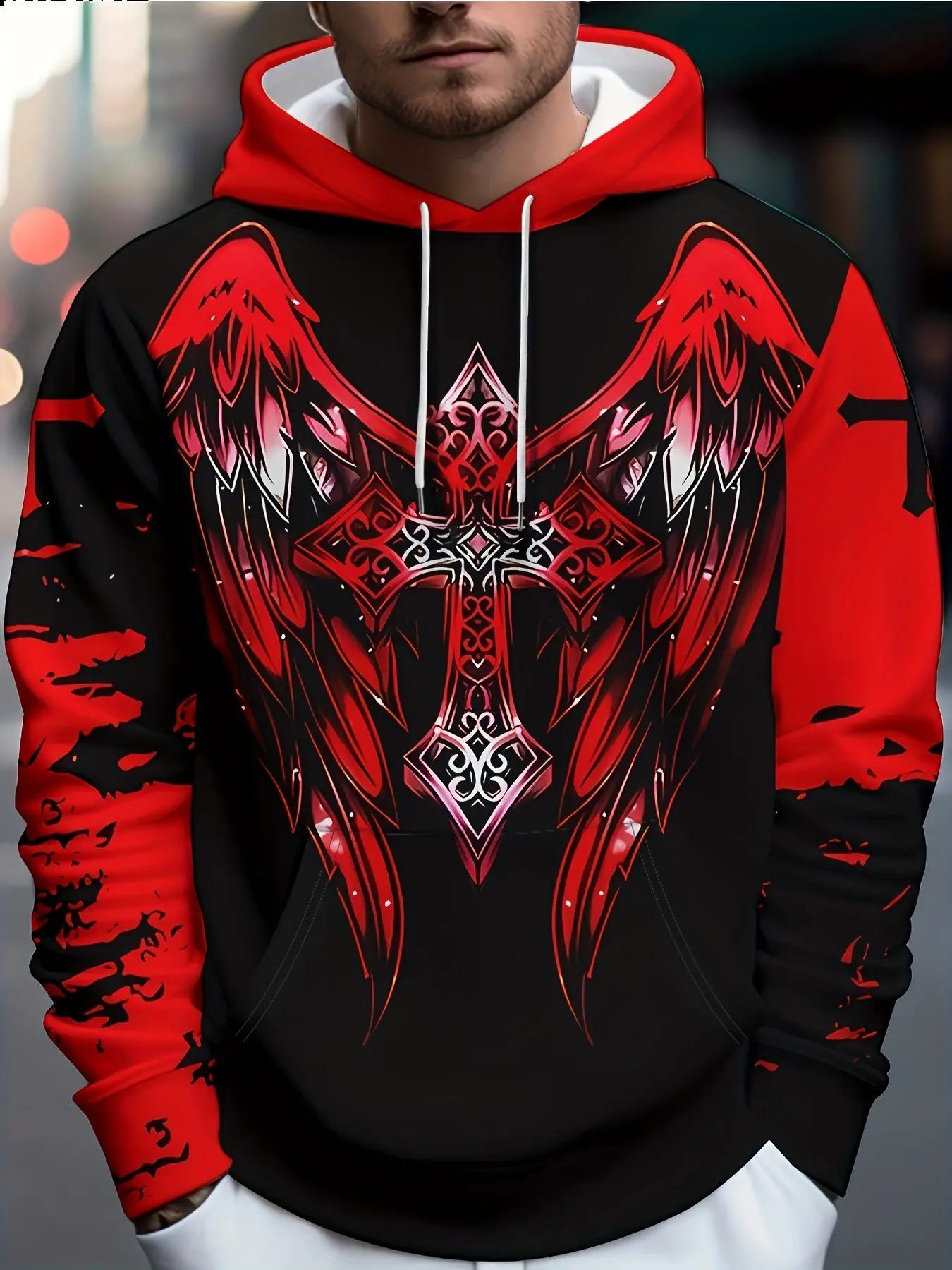 Men's Jesus Cross 3D Print Hoodie, Christian Faith Theme Casual Long Sleeve Sweatshirt, Loose-Fitting Fall & Winter Apparel