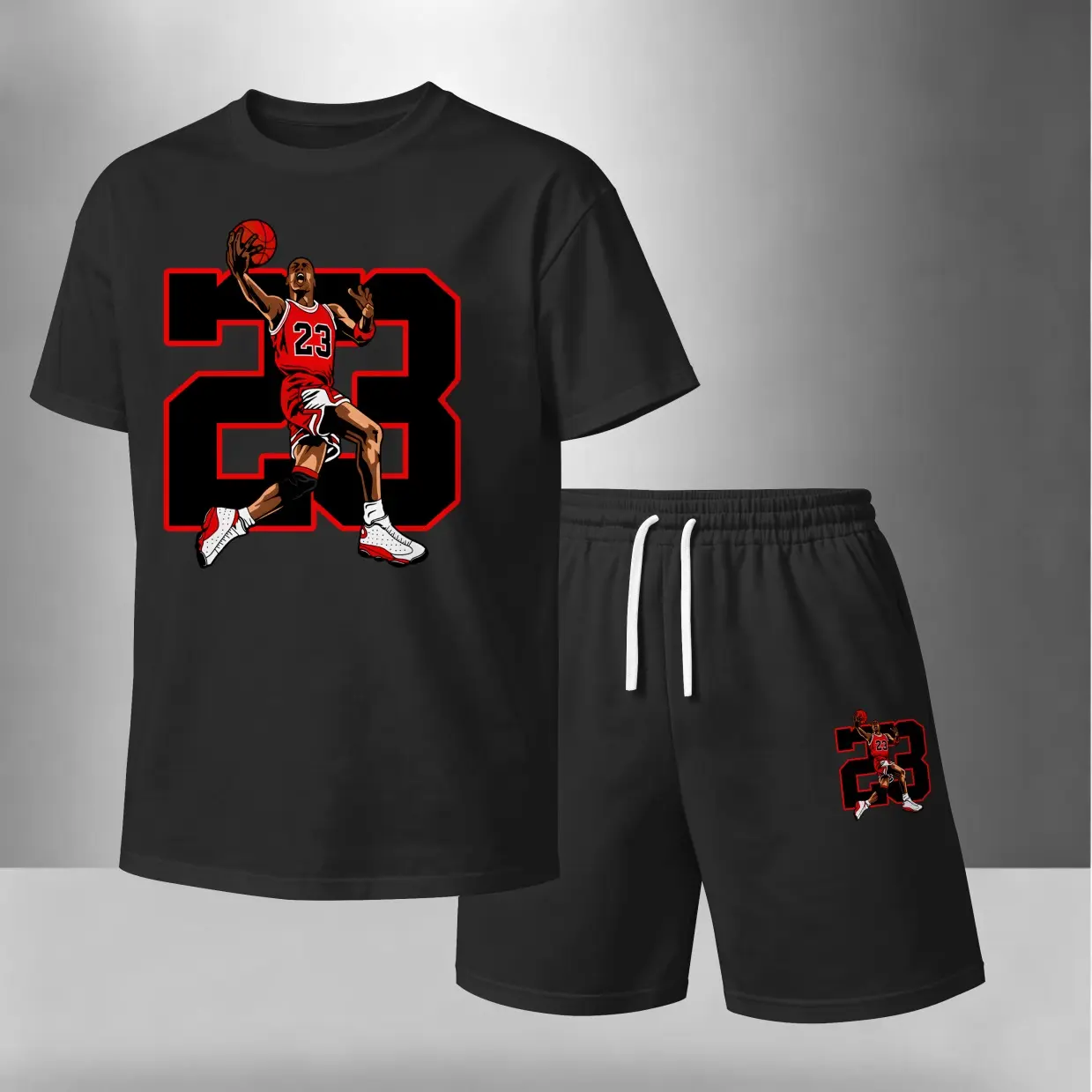Men’s No. 23 Basketball Player Printed Casual Short Sleeve T Shirt and Shorts Set, Summer 2 Piece Outfit, Soft Breathable Matching Set with Drawstring Shorts for Beach, Outdoor Activities, Travel, Workout, and Everyday Style