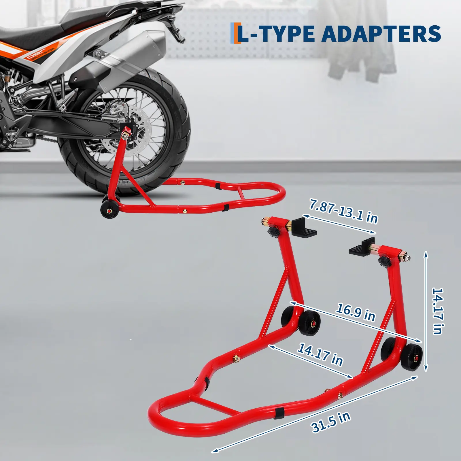 Motorcycle Front & Rear Stand Combo, Universal Wheel Lift Paddock Stand with Rear U+L Adjustable Swingarm Spool, 900 LB Capacity Heavy Duty for Most Bikes